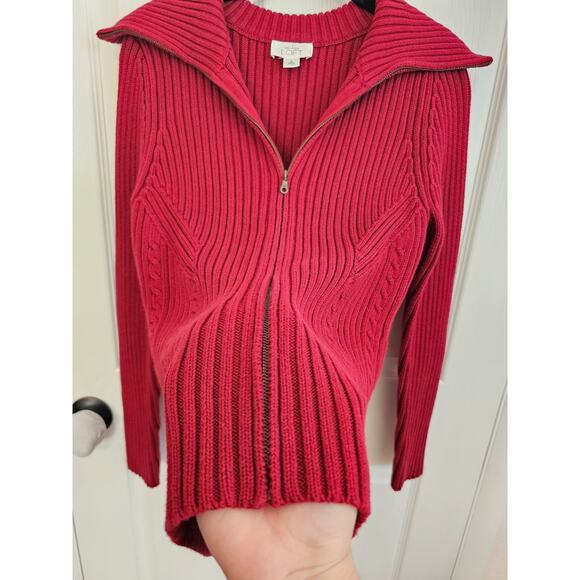Ann Taylor LOFT Red Fold Over Collar Ribbed Zip Sweater Size M - Picture 3 of 4